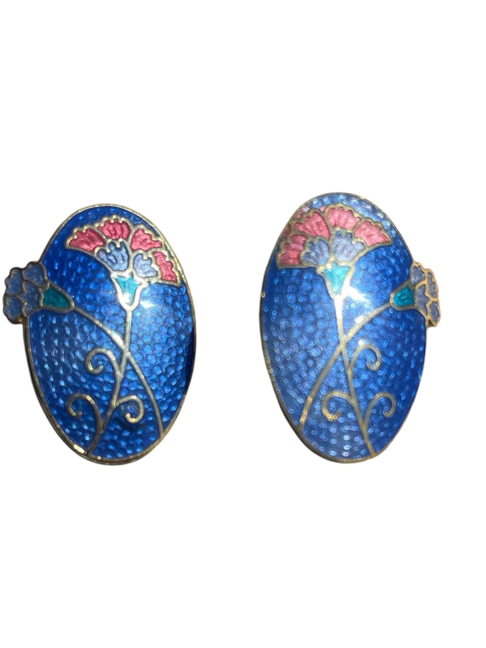 Blue Cloisonné Floral Enamel Oval Post Earrings